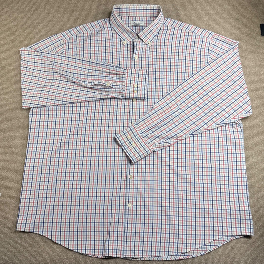 Peter Millar Summer Comfort XXL Plaid Button Down Shirt Red Blue Long Sleeve